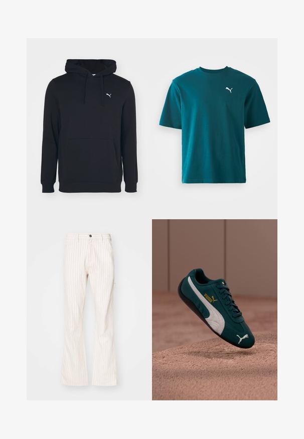 Sudadera negra de mezcla de algodón, con bolsillo frontal, capucha con cordones y pequeño logo blanco en el pecho. Textura suave.; Camiseta de algodón azul verdoso con mangas cortas, cuello redondo y un logo blanco de Puma en el lado izquierdo del pecho; textura suave y corte regular.; Pantalones acampanados color crema con rayas verticales rojas, que cuentan con un cierre de botón, bolsillos laterales y un tejido de textura suave.; Zapatilla de ante verde con detalles de cuero blanco, suela de goma negra y logo dorado de Puma. Presenta punta redondeada y diseño clásico con cordones.