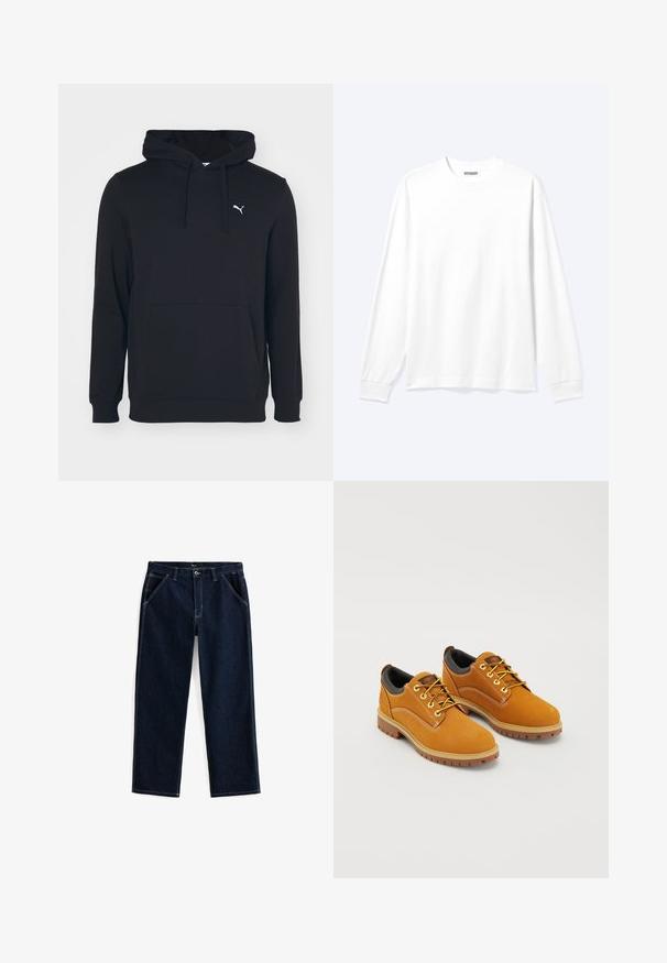 Sudadera negra de mezcla de algodón, con bolsillo frontal, capucha con cordones y pequeño logo blanco en el pecho. Textura suave.; Camisa blanca lisa de manga larga con cuello redondo y puños acanalados, mostrada sobre un fondo claro y neutro.; Pantalones vaqueros de mezclilla de color azul oscuro con corte recto, que cuentan con cinco bolsillos y costuras en blanco que contrastan a lo largo de las costuras y los bolsillos.; Zapatos de ante marrón con punta redonda, cordones amarillos, un collar acolchado negro y suelas de goma con surcos de tracción.
