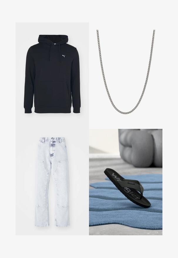 Sudadera negra de mezcla de algodón, con bolsillo frontal, capucha con cordones y pequeño logo blanco en el pecho. Textura suave.; Pantalones vaqueros de mezclilla azul claro, de pierna recta, con bolsillos de parche, cintura alta y un acabado desgastado. Presentan costuras tonales y un ajuste relajado.; Chancla negra con tira tejida y logo de "Wrangler" apoyada sobre una alfombra azul texturizada con un cojín gris desenfocado al fondo.; Collar de cadena de metal con un diseño trenzado, color plata, textura suave y eslabones uniformes, adecuado para varios estilos y ocasiones.