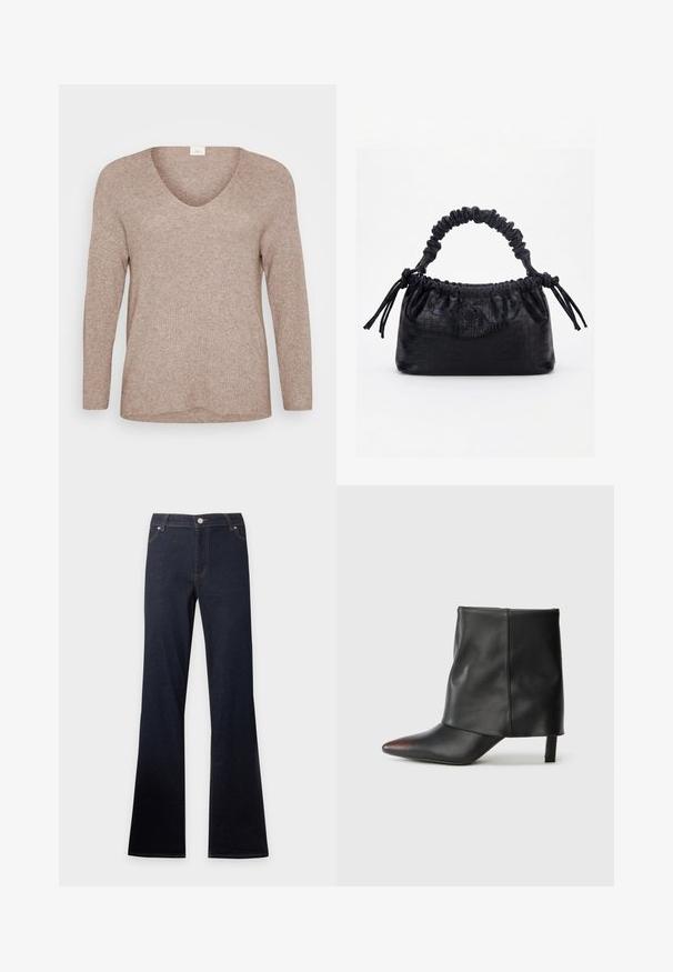 Lys brun, ribbet sweater med lange ærmer og V-udskæring. Glat tekstur med en afslappet pasform og lige kant. Ingen synlige mønstre eller accenter.; Mørkeblå denimjeans med høj talje og udvidede ben, med frontlommer, knap og lynlåslukning.; Sort ankelstøvle lavet af glat læder med spids tå og tilspidset hæl. Overdelen har et let rynket design.; Sort taske med krokodilletekstur, rynket øverste kant, samlet hank og snore med kvaster på hver side mod en hvid baggrund.
