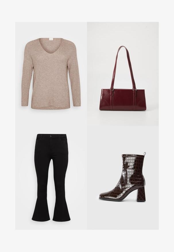 Lys brun, ribbet sweater med lange ærmer og V-udskæring. Glat tekstur med en afslappet pasform og lige kant. Ingen synlige mønstre eller accenter.; Sorte flarejeans med en figursyet talje, standard fem-lommet design og en glat denimtekstur med en subtil stræk.; Mørkebrun patentlæder ankelstøvle med krokodillemønster, blokhæl og trækstrop bagpå mod hvid baggrund.; Bordeaux håndtaske lavet af glansfuldt materiale, rektangulær form, med to skulderremme og subtile buede detaljer på forsiden.