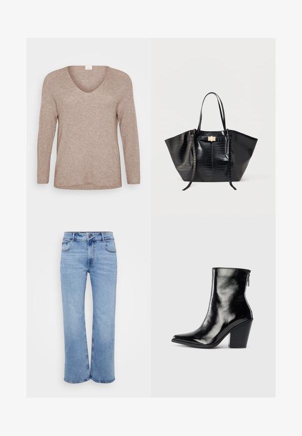 Lys brun, ribbet sweater med lange ærmer og V-udskæring. Glat tekstur med en afslappet pasform og lige kant. Ingen synlige mønstre eller accenter.; Lysblå vidde jeans lavet af denim, med fem lommer, en frontlynlås og en knaplukning. Subtile syninger langs sømmene.; Sorte læder ankelstøvler med en blank finish, spidse tæer og blokhæle. Har en sidezipper for nem på- og aftagning.; Sort tote taske med krokodillestruktur, to lange håndtag og en lille gylden rektangulær lukning foran.