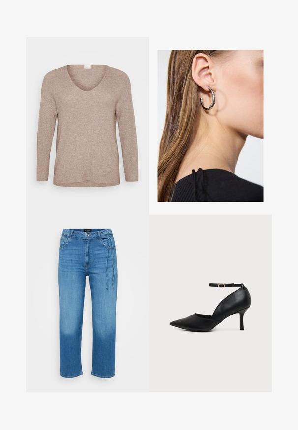 Lys brun, ribbet sweater med lange ærmer og V-udskæring. Glat tekstur med en afslappet pasform og lige kant. Ingen synlige mønstre eller accenter.; Lyseblå denimjeans med afslappet pasform, lige ben, medium talje og justerbar bindebåndsdetalje foran. Glat tekstur.; Sort læder sko med spids tå, kitten heel, ankremme og gylden spænde på neutral baggrund.; Sølv hoop ørestik med en poleret overflade, prydet med små guld accenter og en rund form, båret på øreflippen.