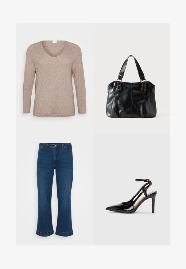 Lys brun, ribbet sweater med lange ærmer og V-udskæring. Glat tekstur med en afslappet pasform og lige kant. Ingen synlige mønstre eller accenter.; Højtaljede blå jeans med lige ben og bred kant, lavet af denim. Har et klassisk fem-lomme design og lukning med metalknap.; Sorte laklæder højhælede slingback-sko med spids tå, justerbar ankelrem og åben sider. Glat tekstur.; Sort læder skuldertaske med dobbelte stropper fastgjort med gyldne ringe og nitter, glat og let skinnende overflade, enkelt design.