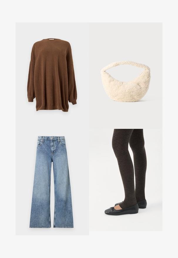 Pull marron à manches longues surdimensionné avec col rond et poignets côtelés, présenté sur un fond gris clair uni.; Jean denim bleu clair à jambes larges avec poches avant, passants pour ceinture, fermeture à bouton et détails délavés.; Jambes portant des leggings côtelés foncés associés à des ballerines noires avec de petits détails en nœud sur fond blanc.; Sac de couleur crème avec une texture douce et duveteuse. Forme courbée et large sangle pour le porter. Design simple, sans matériel ou accents visibles.