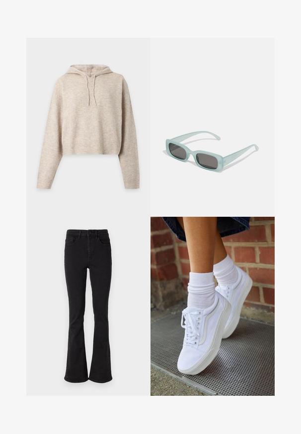 Sweat à capuche court en maille beige avec manches longues et cordons, présenté sur un fond clair uni.; Jean flare en denim noir à taille haute, avec cinq poches et une fermeture robuste à bouton. Texture lisse avec une légère élasticité.; Baskets en toile blanches avec semelles en caoutchouc, dotées de six œillets, d'un bout rond et de détails de couture légers, portées avec des chaussettes blanches mi-mollet.; Une paire de lunettes de soleil rectangulaires avec des montures translucides bleu clair et des verres gris foncé, présentant des branches droites et des détails matériels minimaux.
