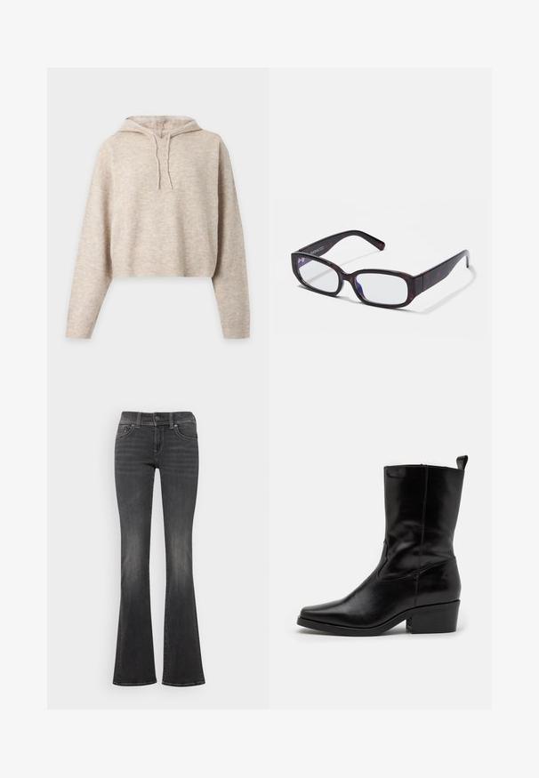 Beige strikket cropped hættetrøje med lange ærmer og snore, vist på en ensfarvet lys baggrund.; Mørkegrå denimjeans med en subtil lysning, mellemhøj talje, knaplukning og let flare ved kanten.; Sorte læder ankelstøvler med spids tå, lav blokhæl og syet detaljer. Har elastiske paneler på siden for nem påtagning.; Brune skildpadde-rektangulære briller med klare linser og slanke arme, der viser en glat tekstur og minimalistisk design.