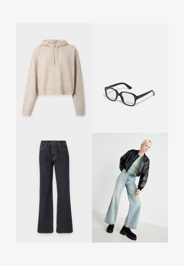 Beige strikket cropped hættetrøje med lange ærmer og snore, vist på en ensfarvet lys baggrund.; Mørk denim jeans med flare nederst og høj livvidde, prydet med gyldne syninger, fem lommer og knaplukning. Glat overflade, lige ben-design.; Sort læder bomberjakke, lys grøn tætsiddende top, lyseblå vide jeans og kraftige sorte platform støvler. Glatte teksturer og kontrasterende farver.; Sorte rektangulære briller med klare linser, der har afrundede kanter og sideaccenter, med en blank finish på stellet og arme.