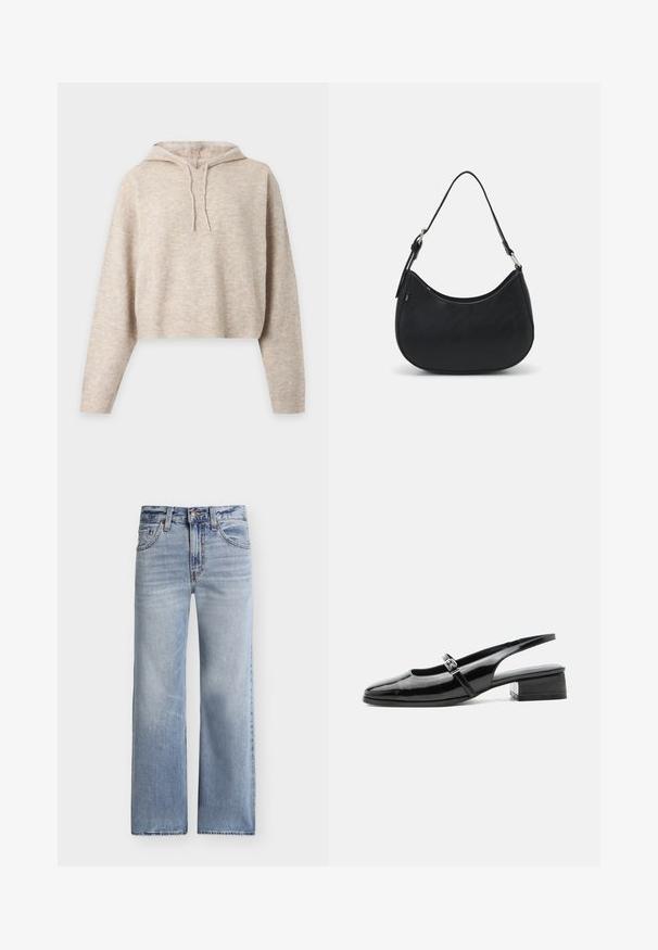 Beige gebreide cropped hoodie met lange mouwen en trekkoorden, getoond op een effen lichte achtergrond.; Lichtblauwe high-waisted rechte jeans met knoop- en ritssluiting aan de voorkant, voor- en achterzakken en subtiele vervaagde details.; Zwarte lakleren slingback schoen met een lage blokhak en een dunne band met zilveren gesp bovenop.; Zwarte hobo tas van soepel leer met een gebogen silhouet, voorzien van een enkele verstelbare schouderriem en minimalistische ontwerpdetails.