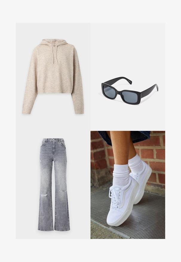 Sudadera corta de punto beige con capucha, mangas largas y cordones, mostrada sobre un fondo liso y claro.; Jeans de mezclilla gris de cintura alta con pierna acampanada, que presentan detalles desgastados en las rodillas, un diseño clásico de cinco bolsillos y costuras en tono.; Zapatillas de lona blancas con suelas de goma, que presentan seis ojales, puntera redonda y detalles de costura ligera, combinadas con calcetines blancos hasta el tobillo.; Gafas de sol rectangulares negras con lentes oscuros, montura de plástico grueso y patillas anchas. Superficie lisa y diseño anguloso.