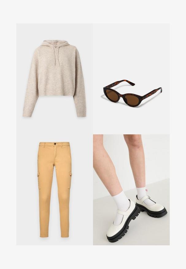 Sudadera corta de punto beige con capucha, mangas largas y cordones, mostrada sobre un fondo liso y claro.; Pantalones cargo beige de tela de algodón, con bolsillos laterales, cierre de botón en la parte delantera y un diseño de corte ajustado. Textura suave, sin patrones visibles.; Zapatos Mary Jane de cuero blanco brillante con una suela negra gruesa, que cuentan con una correa en el empeine y se llevan con calcetines blancos.; Gafas de sol de carey marrón con una forma vintage de ojo de gato y lentes marrones. Presentan brazos curvados con acentos rojos.