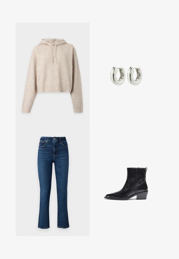 Sweat à capuche court en maille beige avec manches longues et cordons, présenté sur un fond clair uni.; Good American GOOD LEGS - Jean slim - dark blu; Botte de cheville en cuir noir avec un bout pointu et un petit talon carré. Présente une fermeture éclair latérale et des détails de couture minimaux pour un design épuré.; Boucles d'oreilles en argent avec un design lisse et arrondi et une finition brillante. Dotées d'une fermeture à charnière simple pour un enfilage facile.