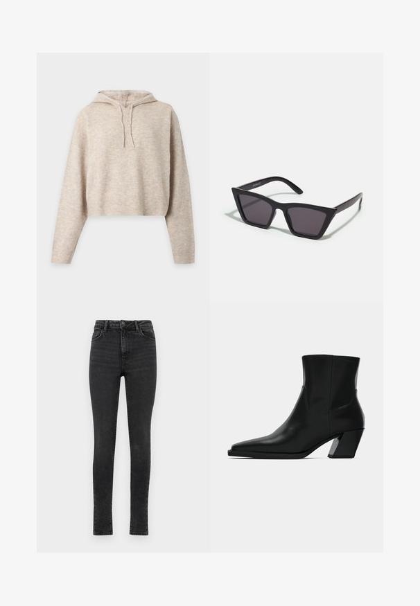 Beige strikket cropped hættetrøje med lange ærmer og snore, vist på en ensfarvet lys baggrund.; Sorte skinny jeans med høj talje, fem-lomme design, glat denim tekstur og en falmet finish. Har lynlås og knaplukning.; Sortlæder ankelstøvle med spids tå, en slank silhuet og en kraftig firkantet hæl. Glat tekstur med minimale stikninger.; Sorte, kantede solbriller med grå linser; lavet af plast, med tykke stænger med en glat overflade og ingen synlig hardware.