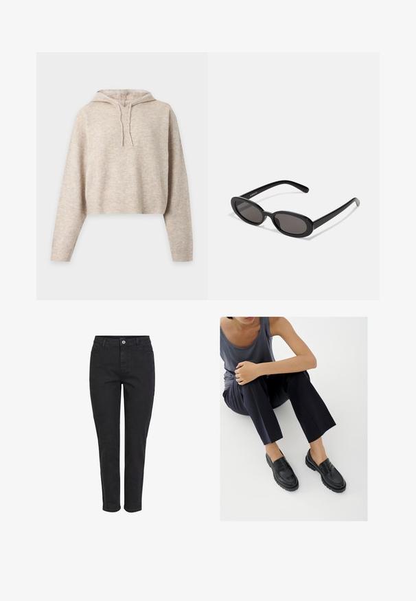 Beige gebreide cropped hoodie met lange mouwen en trekkoorden, getoond op een effen lichte achtergrond.; Zwarte denim jeans met een rechte pijpdesign, voorzien van een frontale knoopsluiting, vijf zakken en een eenvoudige textuurafwerking.; Zwarte leren loafers met textuurelementen, lage hak, ronde neus en zichtbare stiksels. Model draagt donkere broek en een grijze top.; Even&Odd Zonnebril - black