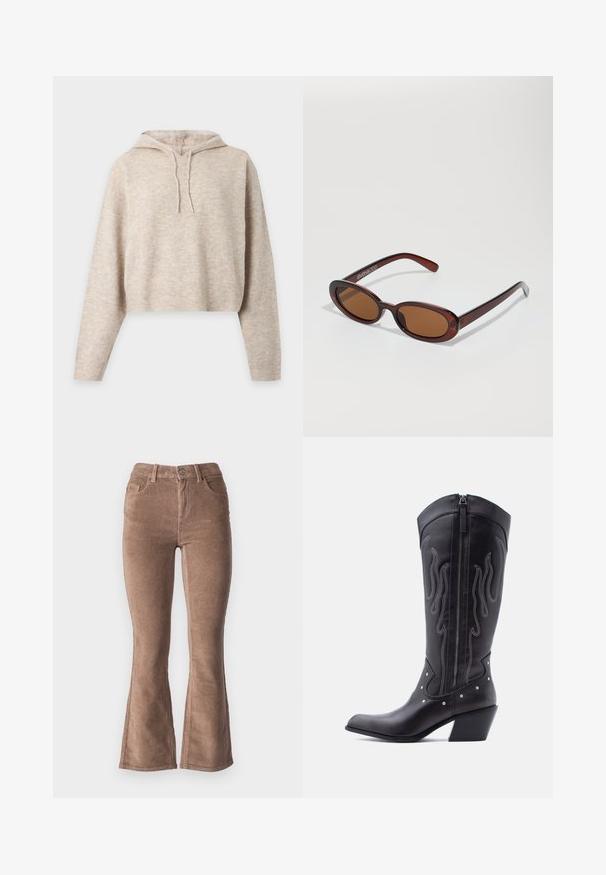 Beige gebreide cropped hoodie met lange mouwen en trekkoorden, getoond op een effen lichte achtergrond.; Bruine fluwelen flared broek met een ribbelstructuur, met een hoge taille, vijf zakken en een knoopsluiting aan de voorkant.; Zwarte leren cowboylaarzen met een puntige neus, zichtbare stiksels, zilveren studaccenten en een ritssluiting aan de binnenkant.; Ronde, bruin getinte zonnebril met een glanzend bordeauxrood frame. Slanke pootjes met subtiele merkdetails. Vlakke lensontwerp.