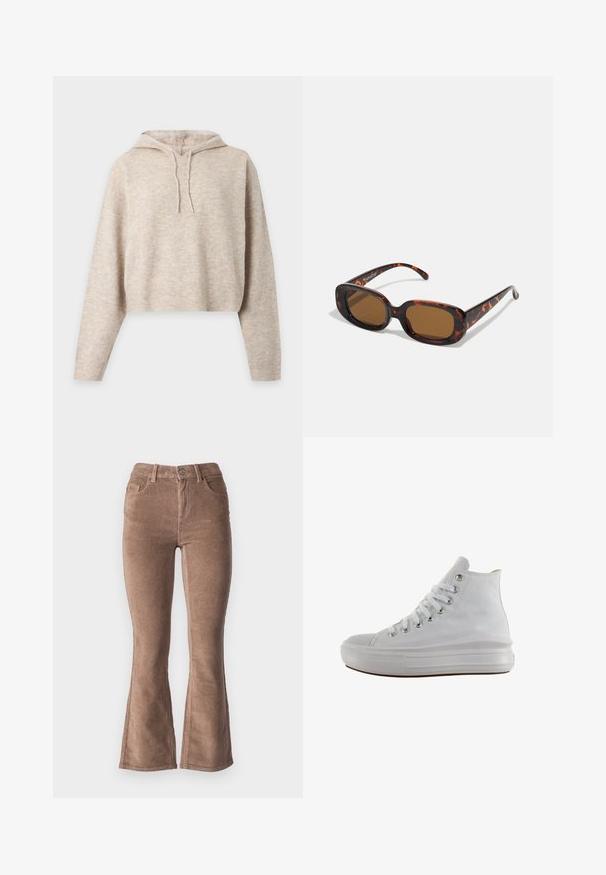 Sweat à capuche court en maille beige avec manches longues et cordons, présenté sur un fond clair uni.; Pantalons évasés en velours côtelé marron avec une texture côtelée, présentant une taille haute, cinq poches et une fermeture à bouton à l'avant.; Baskets montantes en toile blanche avec lacets blancs, œillets métalliques, semelle épaisse en caoutchouc et bout texturé, orientées vers la gauche sur fond blanc.; Lunettes de soleil en écaille de tortue avec une forme rectangulaire, verres marron, monture en plastique lisse et branches fines avec des motifs tonals subtils.
