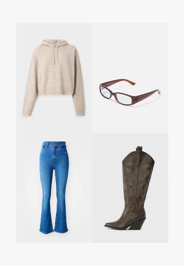 Sudadera corta de punto beige con capucha, mangas largas y cordones, mostrada sobre un fondo liso y claro.; Jeans de mezclilla azul de cintura alta con patas acampanadas, que cuentan con un cierre de dos botones, cinco bolsillos y un acabado suave y texturizado.; Bota de vaquero de cuero marrón con puntera afilada, tacón en cuña y bordado decorativo. Presenta un caña alta y una lengüeta de agarre.; Gafas rectangulares con tintado marrón y acabado brillante, con varillas delgadas y lentes transparentes. Logo visible en la patilla izquierda.