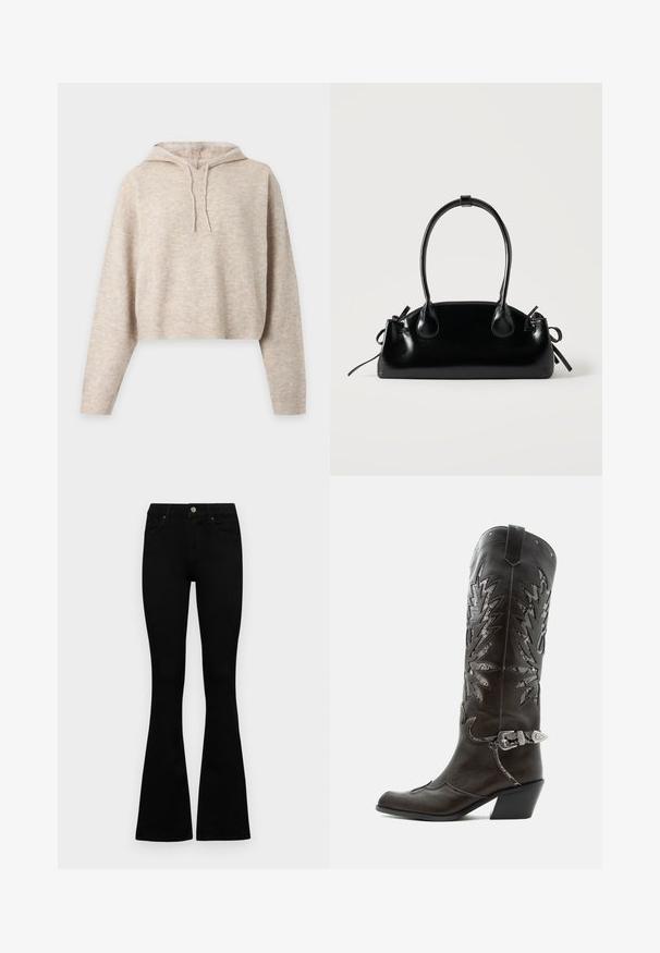 Beige strikket cropped hættetrøje med lange ærmer og snore, vist på en ensfarvet lys baggrund.; Sorte højtaljede jeans med knap- og lynlåslukning, forlommer og flagrende ben, lagt fladt på en hvid baggrund.; Sort læder cowboystøvle med dekorative udskæringer, sølvspænde og skrå hæl, vist på hvid baggrund.; Lille sort blank håndtaske med to lange håndtag og snøre-detaljer i siden på en ensfarvet lys baggrund.