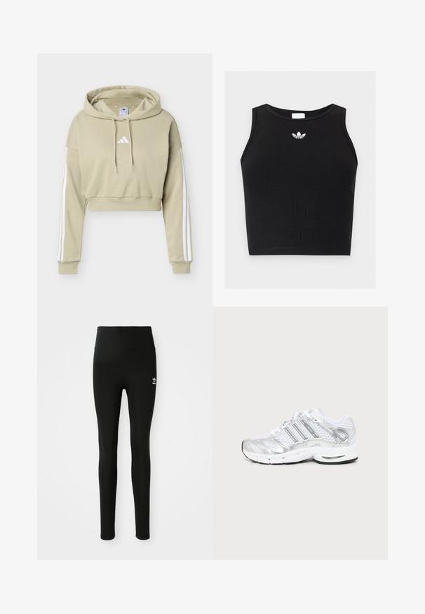 Μπεζ cropped φούτερ με λευκό λογότυπο Adidas στο στήθος και τρεις λευκές ρίγες σε κάθε μανίκι, με κουκούλα και κορδόνι.; Μαύρο ριμπ αμάνικο crop top με στρογγυλή λαιμόκοψη και μικρό λευκό λογότυπο Adidas trefoil στο κέντρο κοντά στο γιακά.; Μαύρο κολάν από ελαστικό υλικό με ψηλή μέση, που διαθέτει ένα μικρό λευκό λογότυπο Adidas στο αριστερό πόδι. Λείος υφασμάτινος ιστός.; Λευκό και ασημί αθλητικό παπούτσι με δίχτυ, οπές αερισμού και παχύ, μαλακό πέλμα, τοποθετημένο σε δεξιά πλευρική όψη σε απλό φόντο.