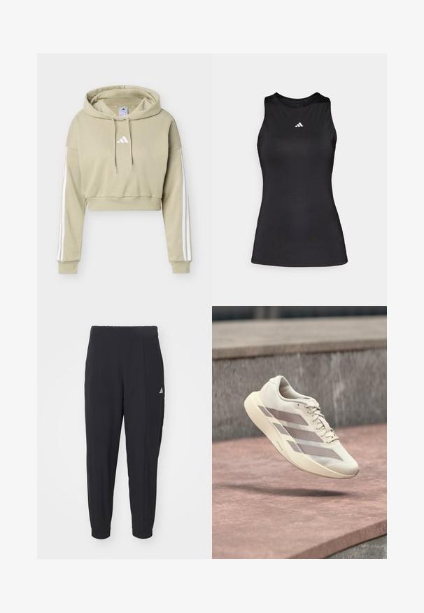 Μπεζ cropped φούτερ με λευκό λογότυπο Adidas στο στήθος και τρεις λευκές ρίγες σε κάθε μανίκι, με κουκούλα και κορδόνι.; Μαύρο αθλητικό τοπ χωρίς μανίκια, φτιαγμένο από λεία ύφασμα. Διαθέτει στρογγυλή λαιμόκοψη και ένα μικρό λευκό λογότυπο Adidas στο στήθος.; Μαύρο αθλητικό παντελόνι από λεία ύφασμα. Σχεδίαση με στενές γραμμές και ελαστικά μπατζάκια. Περιλαμβάνει ένα μικρό λευκό λογότυπο στον αριστερό γοφό.; Αθλητικό παπούτσι εκρού με ραβδώσεις σε αποχρώσεις του ταουπ, αιωρούμενο πάνω από επιφάνεια με πλακάκια κόκκινο-καφέ και φόντο από γκρίζο πέτρινο υλικό.
