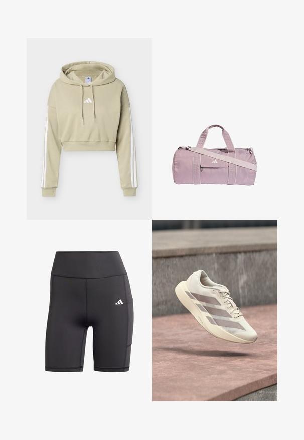 Μπεζ cropped φούτερ με λευκό λογότυπο Adidas στο στήθος και τρεις λευκές ρίγες σε κάθε μανίκι, με κουκούλα και κορδόνι.; Μαύρο αθλητικό σορτς από ελαστικό υλικό, με ψηλή μέση, επίπεδες ραφές και άσπρο λογότυπο στην αριστερή πλευρά του ισχίου.; Αθλητικό παπούτσι εκρού με ραβδώσεις σε αποχρώσεις του ταουπ, αιωρούμενο πάνω από επιφάνεια με πλακάκια κόκκινο-καφέ και φόντο από γκρίζο πέτρινο υλικό.; Ανοιχτό μοβ τσάντα duffel από γυαλιστερό υλικό, με δύο λαβές, αποσπώμενο λουρί ώμου και μπροστινή τσέπη με φερμουάρ και λογότυπο.