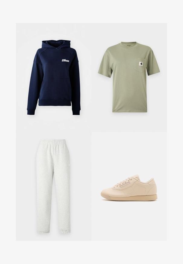 Mørkeblå hættetrøje lavet af blødt materiale. Har en frontlomme og et hvidt logo på brystet. Ribbet ved håndledene og kanten.; Kortærmet, olivengrøn T-shirt med rund hals og brystlomme med lille Carhartt-logo.; Lys grå sweatpants med elastisk talje, tapered ben og ribbede manchetter. Fremstillet af et blødt, tekstureret stof. Hvid logo detalje på siden.; Lysebrune læder sneakers med rund tå, flad gummisål, seks snørrehuller og subtile perforeringer langs siderne. Enkel, strømlinet design.