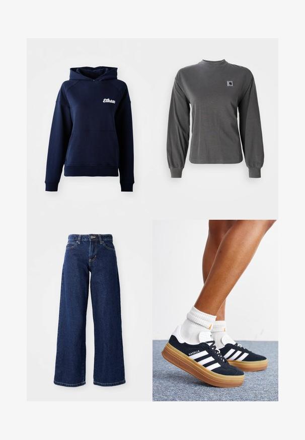Sudadera con capucha de color azul marino hecha de material suave. Cuenta con un bolsillo frontal y un logo blanco en el pecho. Puños y dobladillo acanalados.; Camiseta de manga larga gris hecha de algodón, con cuello redondo y puños elásticos, que cuenta con un pequeño logo cuadrado en el pecho.; Jeans de pierna ancha azul oscuro, confeccionados en denim, con cierre de botón y cremallera, trabillas para cinturón y diseño clásico de cinco bolsillos.; Piernas con calcetines blancos y zapatillas Adidas Gazelle negras con rayas blancas y suelas marrones gruesas sobre un suelo alfombrado gris.