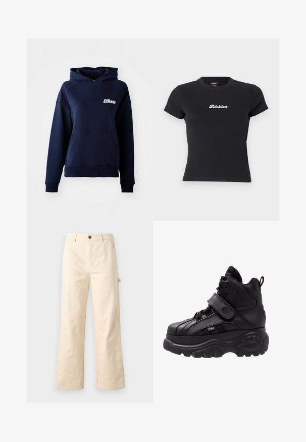 Mørkeblå hættetrøje lavet af blødt materiale. Har en frontlomme og et hvidt logo på brystet. Ribbet ved håndledene og kanten.; Sort tætsiddende t-shirt med korte ærmer og hvidt "Dickies"-logo centreret på brystet samt rund halsudskæring.; Bredde-beige bukser lavet af bomuld med knaplukning, udstyret med sidelommer og et rent, minimalistisk design.; Sorte høj-top sneakers med en tyk gummi sål, læderoverdel, snøringer og velcro-stropper, samt tekstureret sidepanel detaljering.