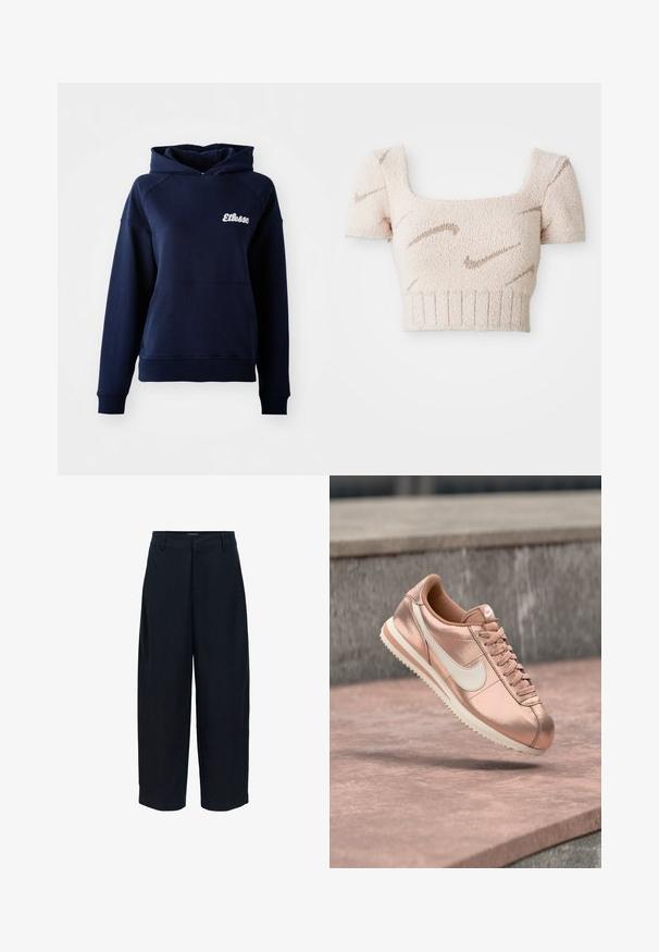 Mørkeblå hættetrøje lavet af blødt materiale. Har en frontlomme og et hvidt logo på brystet. Ribbet ved håndledene og kanten.; Kortærmet cropped top i blød, tekstureret stof. Lys pink farve med brune, bølgete mønstre. Fyrkantet udskæring og ribbet kant.; Sorte bukser med vide ben, bæltestropper, flad front og sidelommer, vist på en hvid baggrund.; Nike-sneaker i rosaguld med hvid swoosh og sål, snørebånd bundet, hængende over en lyserød betonoverflade med en grå stenet baggrund.