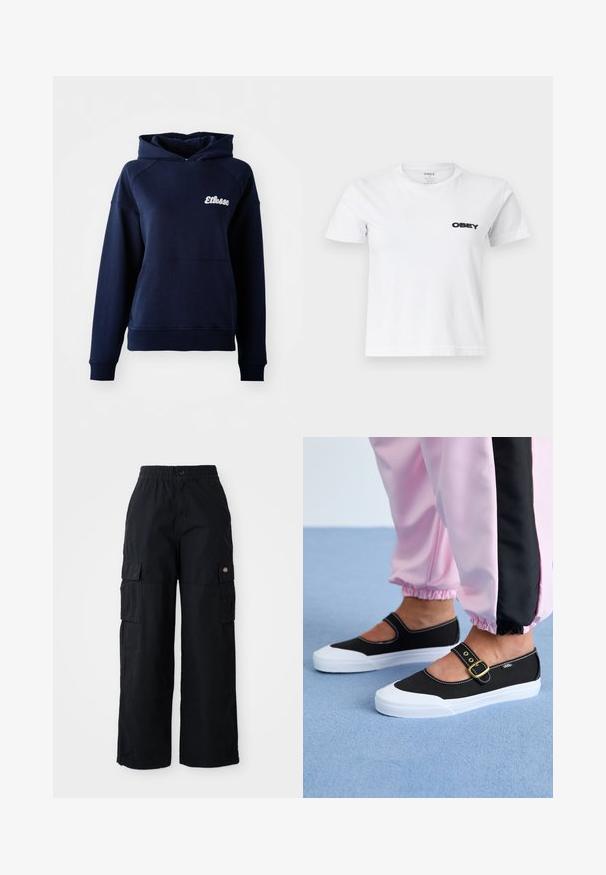 Dunkelblaues Kapuzensweatshirt aus weichem Material. Mit einer Fronttasche und einem weißen Logo auf der Brust. Gerippte Bündchen und Saum.; Weißes T-Shirt mit kurzen Ärmeln und Rundhalsausschnitt, mit schwarzem "OBEY"-Logo auf der linken Brust bedruckt.; Schwarze Cargo-Hosen mit elastischem Bund und Knopf. Sie verfügen über zwei große Seitentaschen und ein Aufnählogo am linken Bein. Weites Bein-Design.; Schwarze Leinenschuhe mit einer weißen Sohle, die ein Ausschnittdesign und einen goldenen Schnallenriegel aufweisen. Getragen mit rosa Sporthosen.