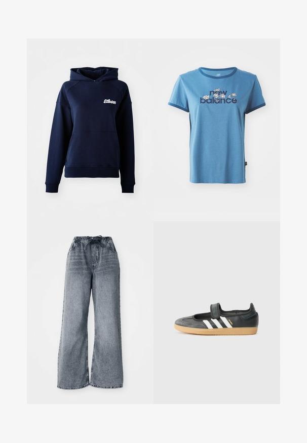 Sudadera con capucha de color azul marino hecha de material suave. Cuenta con un bolsillo frontal y un logo blanco en el pecho. Puños y dobladillo acanalados.; Camiseta de algodón azul con mangas cortas, ribete en color marino, que presenta el texto "new balance" y diseños florales en blanco y amarillo en la parte frontal.; Pantalones de mezclilla gris de pierna ancha con cintura elástica, cierre de cordón y bolsillos laterales. Textura deslavada en toda la tela.; Zapatilla de deporte de cuero negro y ante con una correa de Velcro, que presenta tres rayas blancas y una suela de goma, etiquetada "SAMBA" en el lateral.
