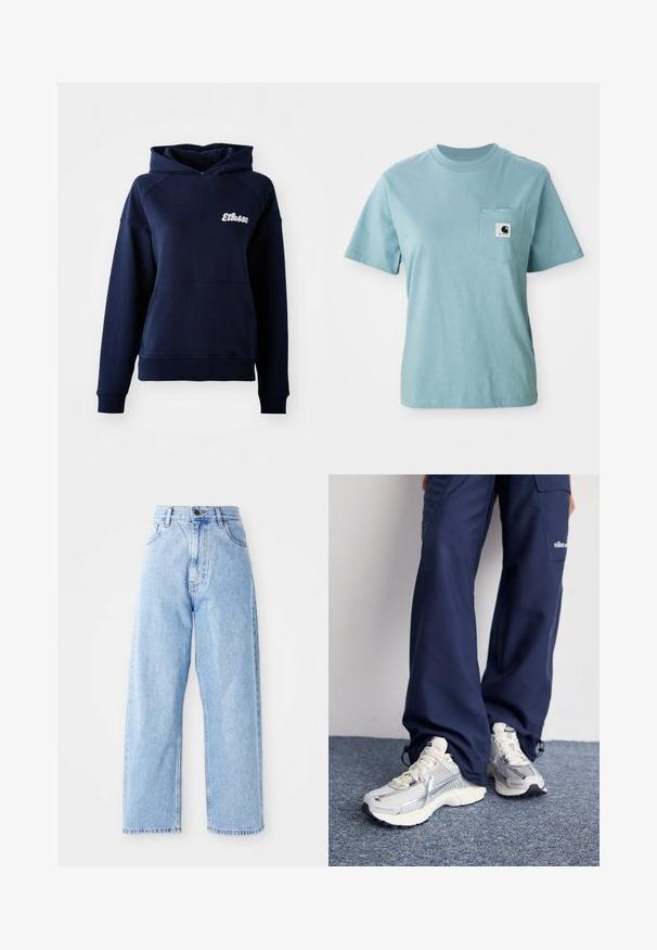 Sudadera con capucha de color azul marino hecha de material suave. Cuenta con un bolsillo frontal y un logo blanco en el pecho. Puños y dobladillo acanalados.; Camiseta de algodón de manga corta color azul claro con bolsillo en el pecho que presenta un pequeño parche del logotipo en blanco y negro de Carhartt.; Jeans de mezclilla de tiro alto en color azul claro, con piernas rectas y anchas, cierre frontal con botón y cremallera, y bolsillos delanteros y traseros.; Zapatillas deportivas Nike con parte superior de malla plateada, acentos blancos y suelas texturizadas, combinadas con pantalones azul marino de corte holgado.