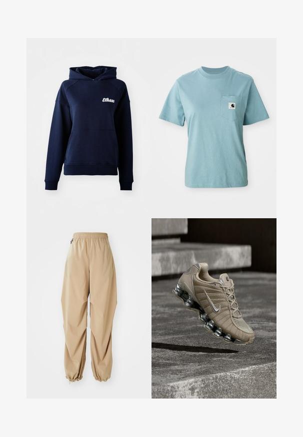 Dunkelblaues Kapuzensweatshirt aus weichem Material. Mit einer Fronttasche und einem weißen Logo auf der Brust. Gerippte Bündchen und Saum.; Helles blaues, kurzärmliges Baumwoll-T-Shirt mit Brusttasche, das mit einem kleinen schwarz-weißen Carhartt-Logo-Patch versehen ist.; Beige leichte Hose mit elastischem Bund, schmal zulaufenden Säumen und glatter Textur, die eine lockere Passform hat und keine sichtbaren Muster oder Verzierungen aufweist.; Beigefarbener Nike Laufschuh mit silbernen Akzenten und federnder Sohle schwebt über Betontreppen bei gedämpftem Licht.