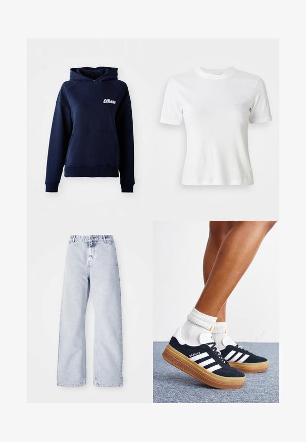 Sudadera con capucha de color azul marino hecha de material suave. Cuenta con un bolsillo frontal y un logo blanco en el pecho. Puños y dobladillo acanalados.; Camiseta blanca de manga corta con canalé, escote redondo y un pequeño logo en el pecho. Fabricada con una tela suave y con un diseño ajustado.; Jeans de mezclilla anchos de color azul claro con cintura alta, cierre de botón y diseño de cinco bolsillos. Textura suave y detalles de costura visibles.; Piernas con calcetines blancos y zapatillas Adidas Gazelle negras con rayas blancas y suelas marrones gruesas sobre un suelo alfombrado gris.