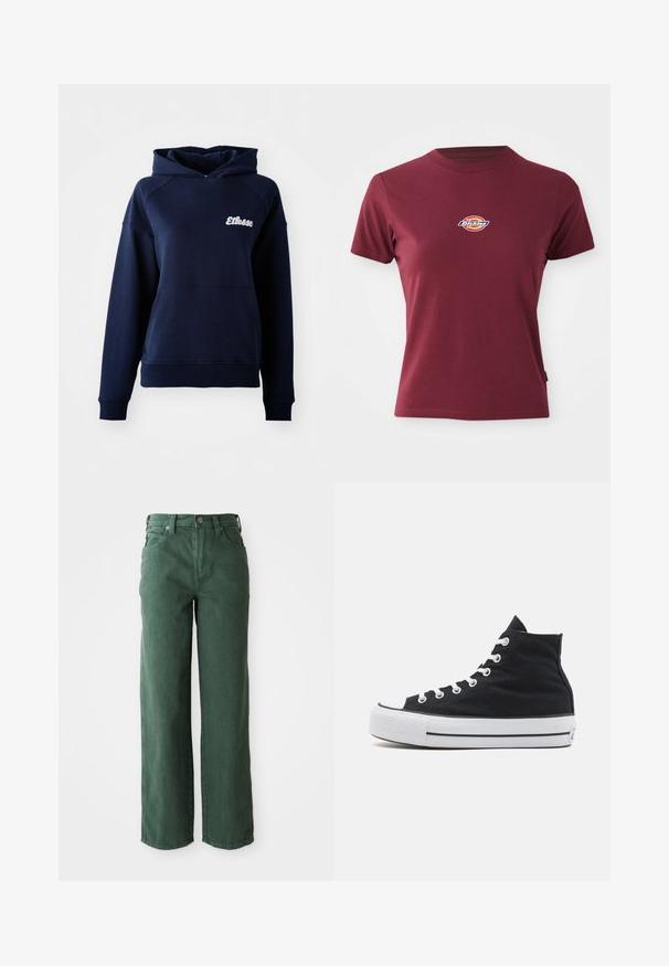 Dunkelblaues Kapuzensweatshirt aus weichem Material. Mit einer Fronttasche und einem weißen Logo auf der Brust. Gerippte Bündchen und Saum.; Bordeauxrotes T-Shirt mit kurzen Ärmeln aus Baumwolle, mit Rundhalsausschnitt und kleinem, mehrfarbigen "Dickies"-Logo auf der Brust.; Grüne weit geschnittene Jeans aus Denim. Sie verfügen über eine hohe Taille, gerade Beine, Fronttaschen und einen Metallknopfverschluss.; Schwarze High-Top-Canvas-Sneaker mit weißem Gummikappeneinsatz, weißen Schnürsenkeln und einem strukturierten schwarzen Obermaterial. Schwarz-weiße gestreifte Zwischensohle.