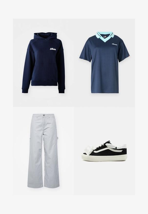 Sudadera con capucha de color azul marino hecha de material suave. Cuenta con un bolsillo frontal y un logo blanco en el pecho. Puños y dobladillo acanalados.; Polo de manga corta azul marino con cuello azul claro y patrón de rayas verticales. Cuenta con un logo de la marca en blanco en el pecho.; Pantalones cargo grises de pierna ancha con cierre de botón, dos bolsillos laterales y un bolsillo con solapa. Hechos de un tejido duradero con una textura suave.; Zapatilla negra de corte bajo con suela blanca, franja blanca en el lateral y tela blanca decorativa con volantes a lo largo de la lengüeta y el cuello del tobillo.