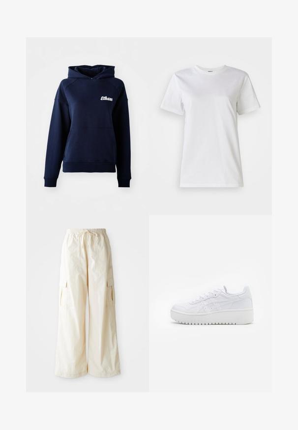 Sudadera con capucha de color azul marino hecha de material suave. Cuenta con un bolsillo frontal y un logo blanco en el pecho. Puños y dobladillo acanalados.; Camiseta blanca de algodón con cuello redondo y mangas cortas. La tela es suave con una textura agradable y sin patrones ni acentos visibles.; Pantalones cargo de pierna ancha en tela color beige claro con cinturilla elástica, cierre de cordón y bolsillos laterales. Textura suave con un detalle minimalista.; Zapatillas de plataforma blancas con una textura de cuero suave, detalles perforados y cordones planos; cuentan con una suela de goma blanca gruesa.