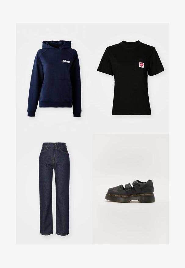 Navyblauwe hoodie van zacht materiaal. Bevat een voorzak en een wit logo op de borst. Geribde boorden en zoom.; Zwarte katoenen t-shirt met een ronde hals en korte mouwen. Heeft een borstzak met een rood hartlogo en witte tekst.; Donkerblauwe denim hoge taille jeans met een rechte pijp, zichtbare stiksels, vijf zakken en een sluiting met een knop aan de voorkant.; Zwarte leren schoen met twee verstelbare gespbandjes, verhoogde geprofileerde zool en zichtbare oranje stiksels langs de middenzool.