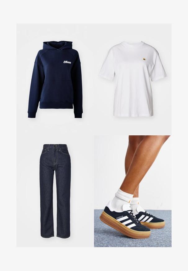 Mørkeblå hættetrøje lavet af blødt materiale. Har en frontlomme og et hvidt logo på brystet. Ribbet ved håndledene og kanten.; Hvid bomulds-t-shirt med en afslappet pasform, korte ærmer og et lille broderet logo på venstre brystområde.; Mørkeblå denim højtaljede jeans med lige ben, synlig syning, fem lommer og lukning med knap foran.; Ben iført hvide sokker og sorte Adidas Gazelle sneakers med hvide striber og tykke brune såler på et gråt tæppe.