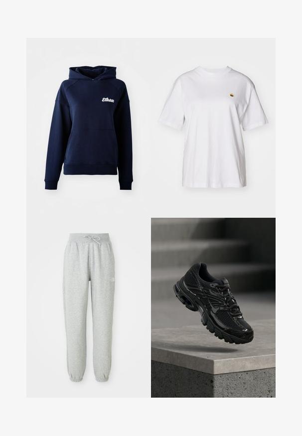 Dunkelblaues Kapuzensweatshirt aus weichem Material. Mit einer Fronttasche und einem weißen Logo auf der Brust. Gerippte Bündchen und Saum.; Weißes Baumwoll-T-Shirt mit lockerem Schnitt, kurzen Ärmeln und einem kleinen gestickten Logo auf der linken Brustseite.; Graue Sweatpants mit einem elastischen Bund und Kordelzug. Der Stoff ist weich, mit elastischen Bündchen an den Knöcheln und einem Logo-Detail.; Schwarzer Nike Laufschuh mit Mesh- und Synthetik-Obermaterial, der über einer Betonfläche und Treppen im Hintergrund schwebt.