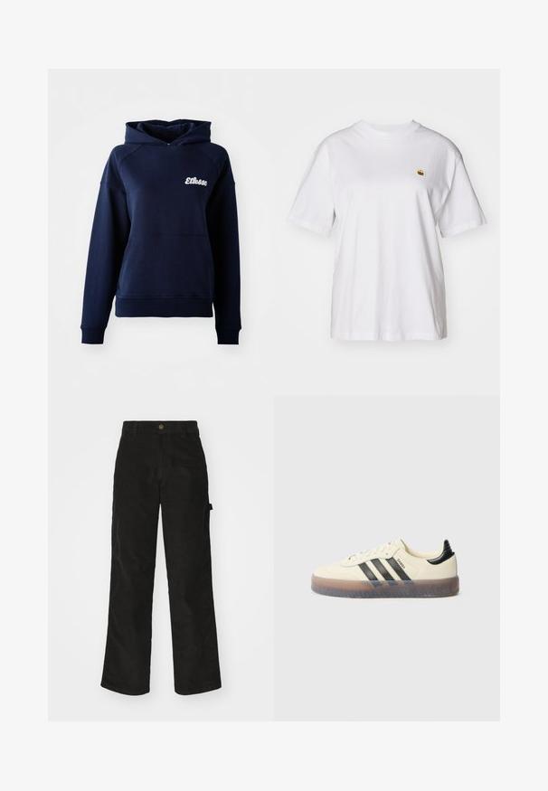 Sudadera con capucha de color azul marino hecha de material suave. Cuenta con un bolsillo frontal y un logo blanco en el pecho. Puños y dobladillo acanalados.; Camisa de algodón blanca con corte relajado, mangas cortas y un pequeño logotipo bordado en el área del pecho izquierdo.; Pantalones de pana negros con un diseño de pierna recta, que presentan un cierre de botón y bolsillo lateral. Textura suave con finas rayas verticales.; Zapatilla beige con tres rayas negras, puntera redonda, suela de goma texturizada y parte superior lisa. Presenta un talón acolchado y un branding minimalista.
