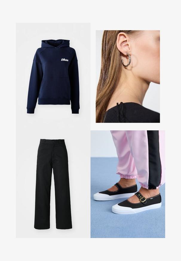Navyblauwe hoodie van zacht materiaal. Bevat een voorzak en een wit logo op de borst. Geribde boorden en zoom.; Zwarte wijde broek met een vlakke voorkant, knoopsluiting en riemlussen. Gemaakt van stevige stof met een gladde textuur.; Zwarte canvas schoenen met een witte zool, met een uitgesneden ontwerp en een gouden gespband. Draagt met roze joggingsbroek.; Zilveren oorbel met een gepolijste afwerking, met kleine gouden accentdetails en een ronde vorm, gedragen op de oorlel.