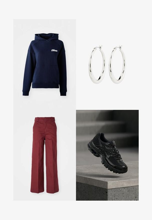 Navyblauwe hoodie van zacht materiaal. Bevat een voorzak en een wit logo op de borst. Geribde boorden en zoom.; Wijduitlopende broeken van bordeauxrood katoen, met een hoge taille, ceintuurlussen en een zachte structuur. De pijpen hebben een rechte snit zonder versieringen.; Zwarte Nike hardloopschoen met mesh en synthetische bovenkant die boven een betonnen oppervlak en trappen op de achtergrond zweeft.; Zilveren oorbellen in de vorm van een gladde, glanzende ring. Circulaire vorm, voorzien van een veilige sluiting. Eenvoudig en elegant ontwerp.