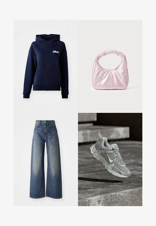 Sweatshirt à capuche bleu marine en matériau doux. Il présente une poche avant et un logo blanc sur la poitrine. Poignets et ourlet en côtes.; Jeans larges taille haute bleus avec boutons devant et poches, texture décolorée sur les cuisses et ourlet droit.; Chaussure de course grise Nike avec dessus en mesh et semelle amortie flottant au-dessus de marches en béton.; Sac à main rose rembourré avec un design arrondi, fabriqué à partir d'un matériau brillant. Dispose d'une poignée froncée et d'une fermeture éclair pour un accès sécurisé.
