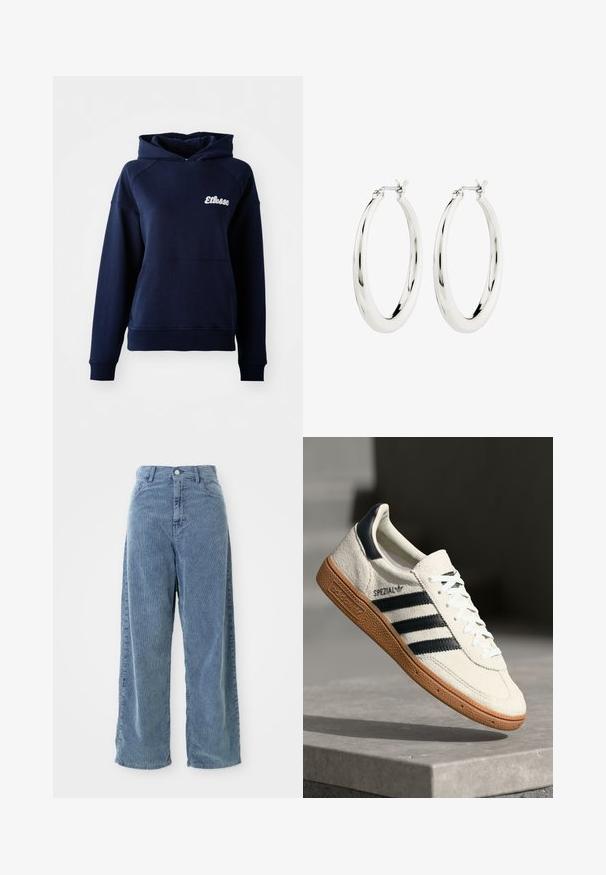 Navyblauwe hoodie van zacht materiaal. Bevat een voorzak en een wit logo op de borst. Geribde boorden en zoom.; Brede blauwe corduroy broek met verticale ribstructuur, voorzien van een voorste knoopsluiting en riemlussen, en een relaxte pasvorm.; Witte suède sneakers met marineblauwe strepen, rubberen gumzool, gestructureerde bovenkant, ronde neus en veters; heeft branding aan de zijkant en op de tong.; Zilveren oorbellen in de vorm van een gladde, glanzende ring. Circulaire vorm, voorzien van een veilige sluiting. Eenvoudig en elegant ontwerp.