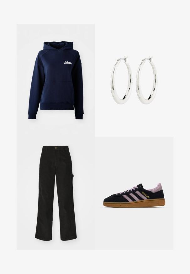 Dunkelblaues Kapuzensweatshirt aus weichem Material. Mit einer Fronttasche und einem weißen Logo auf der Brust. Gerippte Bündchen und Saum.; Schwarze Cordhosen mit geradem Schnitt, ausgestattet mit einem Knopfverschluss und einer Seitenlasche. Glatte Textur mit feinen verticalen Streifen.; Schwarze und rosa Wildleder-Sneaker mit Gummisohle, drei rosa Streifen, goldenem "SPEZIAL"-Branding und strukturiertem Gummiuntergrund. Niedrigschnitt-Design.; Silberne Creolen mit einer glatten, glänzenden Oberfläche. Kreisform, ausgestattet mit einem sicheren Verschluss. Einfaches und elegantes Design.