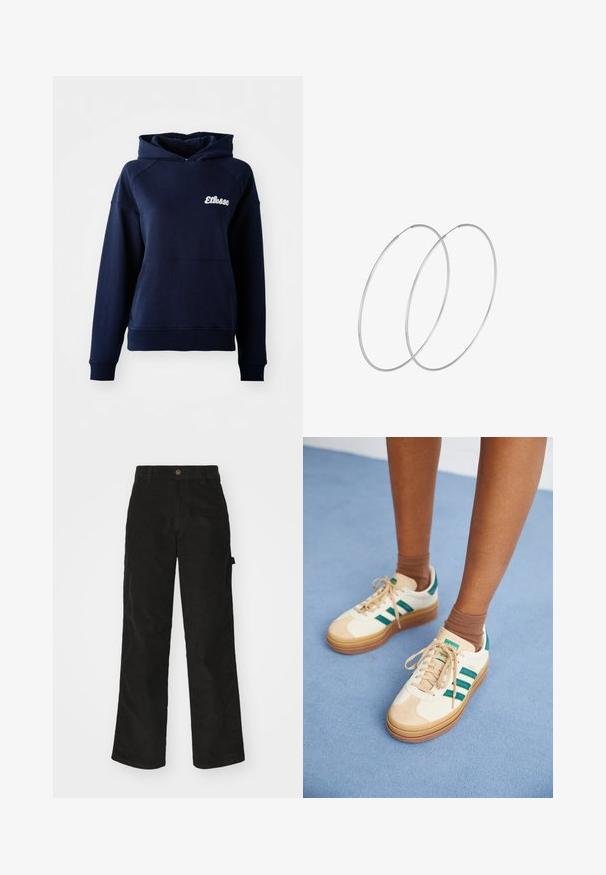Sudadera con capucha de color azul marino hecha de material suave. Cuenta con un bolsillo frontal y un logo blanco en el pecho. Puños y dobladillo acanalados.; Pantalones de pana negros con un diseño de pierna recta, que presentan un cierre de botón y bolsillo lateral. Textura suave con finas rayas verticales.; Zapatillas color beige con rayas verde oscuro, suela de goma, parte superior de ante y textil, y accesorios en color neutro, acompañadas de calcetines marrones sobre una superficie azul clara.; Pendientes de aro plateados con un diseño minimalista. Forma circular, textura suave y perfil delgado. Livianos con un acabado pulido.