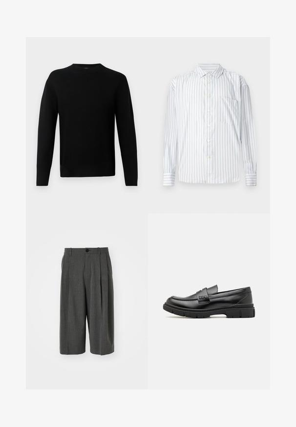Zwart lange mouwen crew neck trui met een getailleerde silhouette, gemaakt van een soepele breisels, weergegeven op een lichte grijze achtergrond.; Wit button-up overhemd met lange mouwen en dunne rode verticale strepen, zachte textuur, puntige kraag en een zak op de linkerborst.; Grijze pinstriped wijde shorts met een knoopsluiting en geplooide voorkant. Gemaakt van een textiel met structuur, en heeft een tailored ontwerp.; Zwarte leren instapper met een brede band over de voet, rubberen zool met dikke noppen en een gladde textuur. Klassiek, strak ontwerp.
