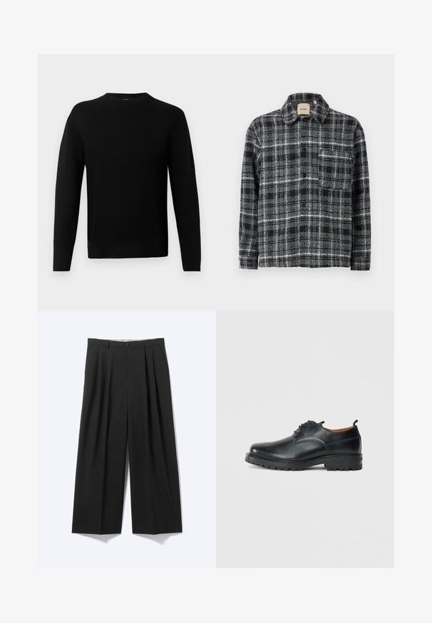 Zwart lange mouwen crew neck trui met een getailleerde silhouette, gemaakt van een soepele breisels, weergegeven op een lichte grijze achtergrond.; Geruite shirt in zwart, wit en grijs met een kraag, lange mouwen en een knoopsluiting aan de voorkant. Bevat een borstzak voor extra detail.; Zwarte wijde broek met voorplooien, riemlussen en knoopsluiting, weergegeven op een effen lichte achtergrond.; Zwarte leren derby schoenen met een gladde textuur, ronde neus, vetersluiting en een dikke, robuuste rubberen zool.