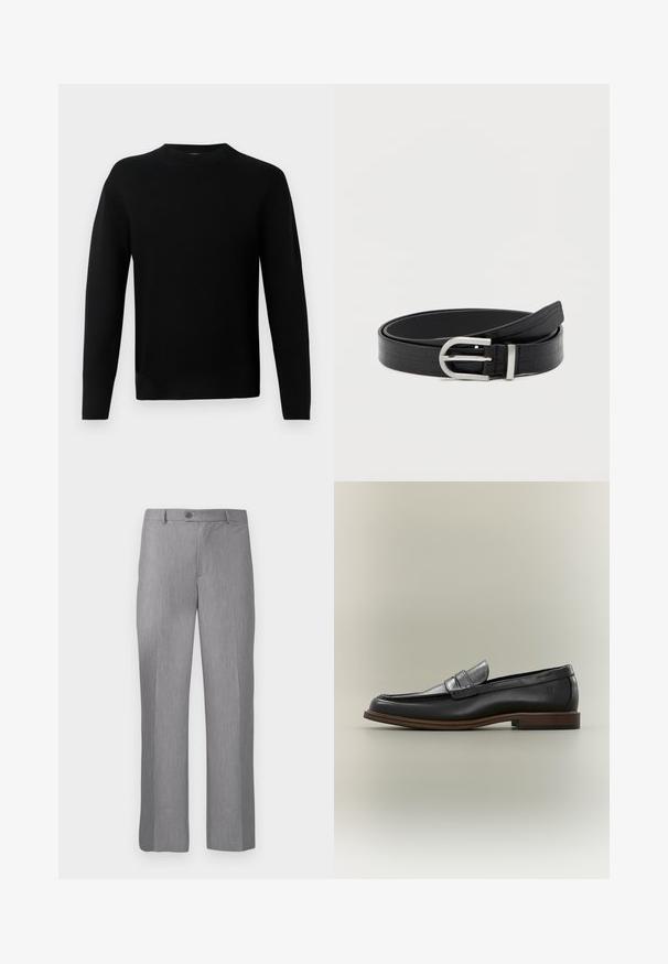 Sort langærmet crew neck sweater med en tætsiddende silhuet, lavet af glat strikstof, præsenteret på en lys grå baggrund.; Grå skræddersyede bukser med bælte-løkker, frontknap og lynlås, med lige ben.; Sort læder penny loafer med brun sål og lav hæl, vist fra siden på en neutral baggrund.; Sort faux læderbælte med krokodillemønster og en sølvfarvet rund spænde, snoet på en ensfarvet hvid baggrund.